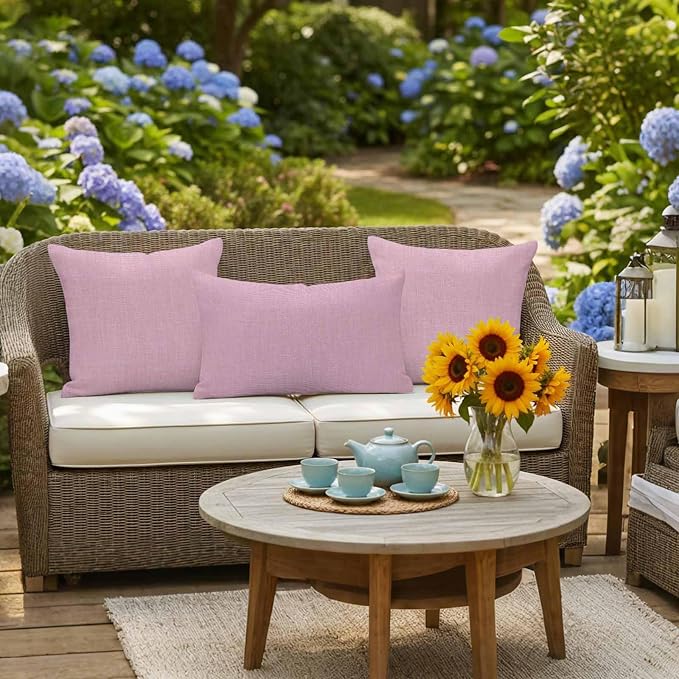 Pack of 2 Waterproof Outdoor Pillow Covers 20x20 Inch Decorative Pillow Covers Pink Burlap Texture Throw Pillowcases Farmhouse Vintage Pink Outdoor Cushion Cover for Couch, Patio, Tent