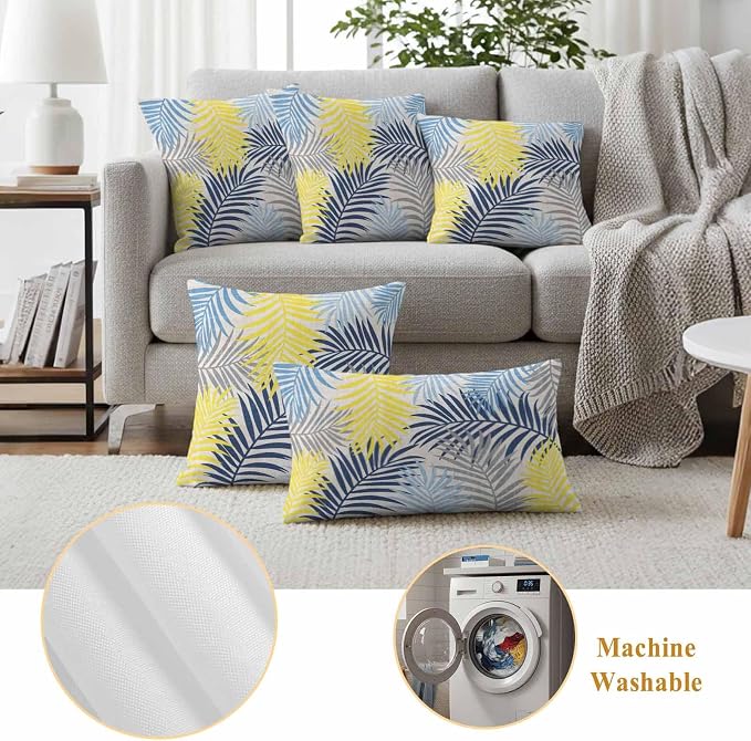 Outdoor Waterproof Throw Pillow Covers, Blue Yellow Grey Palm Leaves Decorative Pillow Cases, Summer Botanical Tropical Leaf Couch Pillow Protector Patio Sofa Cushion Covers Replacement 20"x20" 2 Pack