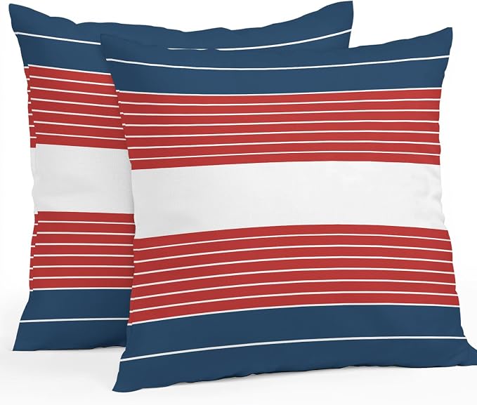Navy Blue Red Stripe Outdoor Pillow Covers Waterproof, All Weather Cushion Case Set of 2, Modern Art Horizontal Striped Decorative Pillowcases for Sofa Couch Bed Decor Patio Furniture 16"x16"