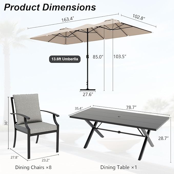 10-Piece Patio Dining Set,Metal Outdoor Furniture Set Includes 13.6FT Sand Umbrella,Hole Cut-Out 78.7" x 35.4" Table and 8 Metal Backrest Chairs for Backyard,Garden,Grey