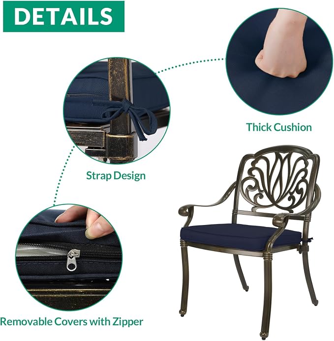 VIVIJASON 9-Piece Outdoor Dining Set, All Weather Cast Aluminum Retro Patio Furniture Table and Chairs Set for 8, Include 94.5" Rectangular Table and 8 Chairs with Umbrella Hole, Navy Blue Cushion