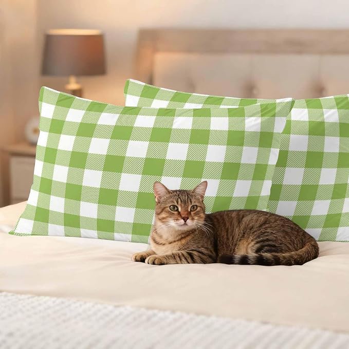 Outdoor Throw Pillow Covers,Farmhouse Plaid Design Waterproof Decorative Pillowcases Cushion Cover Green and White Grid Pillow Cases for Patio Couch Sofa Bed,20x12in Set of 2