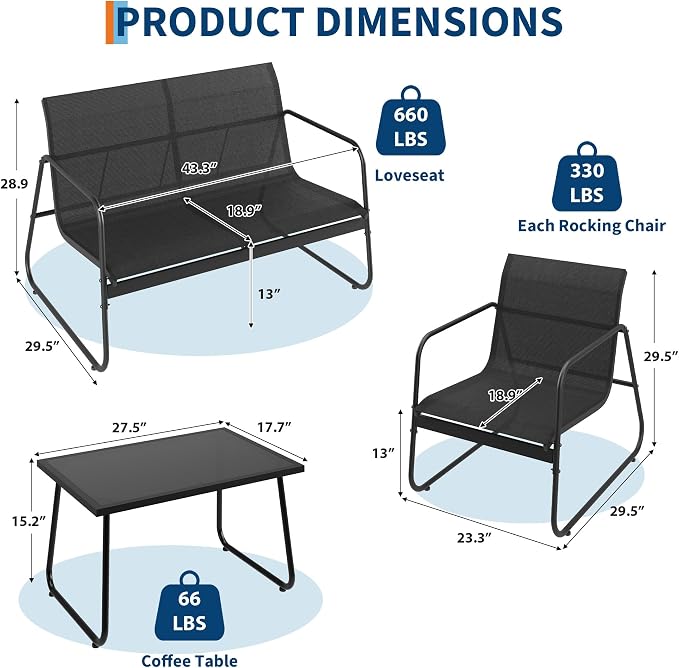 4 Piece Patio Conversation Set Textilene, Outdoor Conversation Set with Single Chairs and Glass Top Coffee Table, One Love Seat, Two Single Chairs and One Table