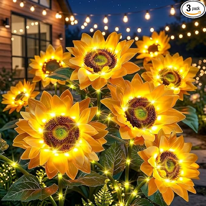 Solar Flowers Outdoor Waterproof: 3 Pack 9 Silk Sunflower Solar Lights with 800mAh Battery 12H Runtime - IP65 Auto On/Off for Garden Yard Patio Lawn Decorations - Unique Gifts for Mom Grandma