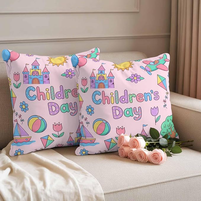 Pack of 2 Children's Day Outdoor Pillow Covers Decorative, Waterproof Pillow Protector, Airplanes Sailing Boats Tree Cartoon Pink Throw Pillowcases Accent Cushion Cases for Patio Couch Sofa 26"x26"