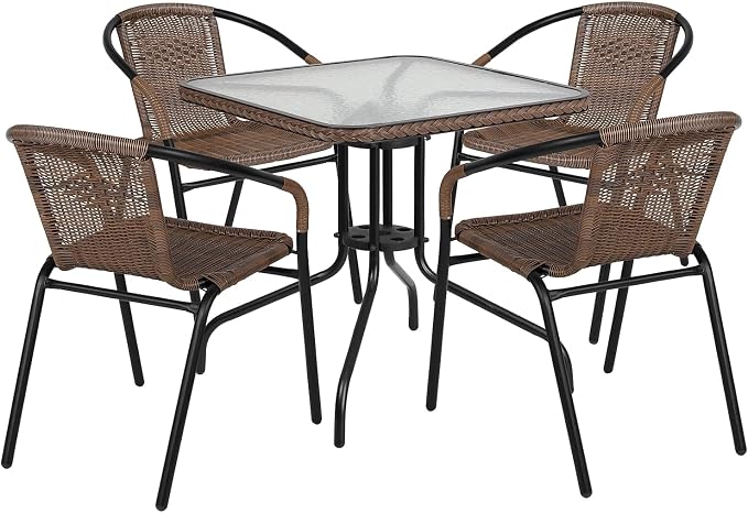 Flash Furniture Lila 28'' Square Glass Metal Table with Dark Brown Rattan Edging and 4 Dark Brown Rattan Stack Chairs