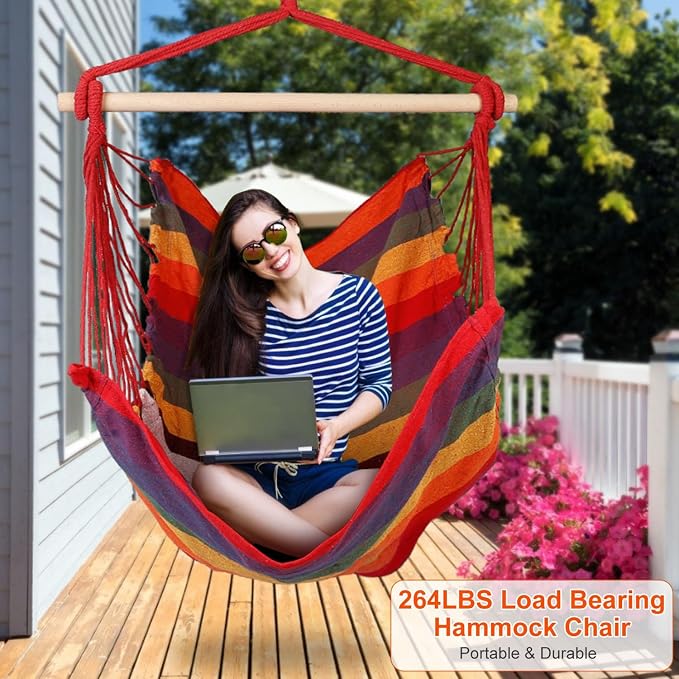 Hammock Chair Hanging Rope Swing - 2 Cushions Pillows Included - Portable Large Macrame Hanging Chair with Pocket - Camping Rope Seat