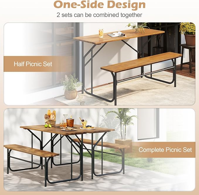 Tangkula Patio Dining Bench Set for 4, Heavy-Duty Outdoor Acacia Wood Dining Furniture with Metal Legs for Balcony, Backyard, Poolside, Garden (2,52” x 32” x 29.5”)