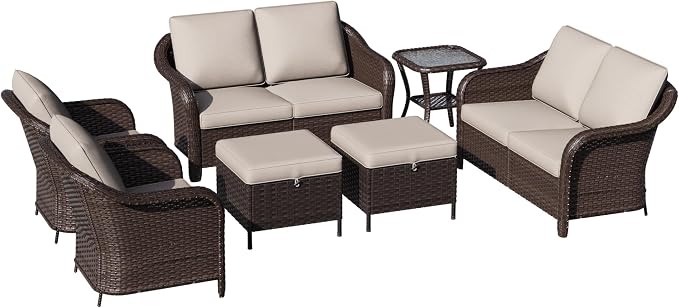 7 Piece Patio Wicker Conversation Set, 2 All-Weather Use Outdoor Wicker Loveseat with 2 PE Rattan Ottomans,2 Chair, 1 Side Table, Ideal for Porch, Backyard, Balcony, Poolside, Beige