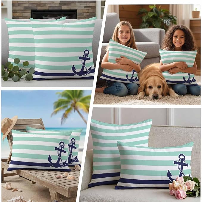 Blue Anchor Outdoor Waterproof Throw Pillow Covers Set of 2, 24"x24", Costal Mint Green White Stripes Background Decorative Pillow Covers Outside Cushion Case for Patio Porch Garden