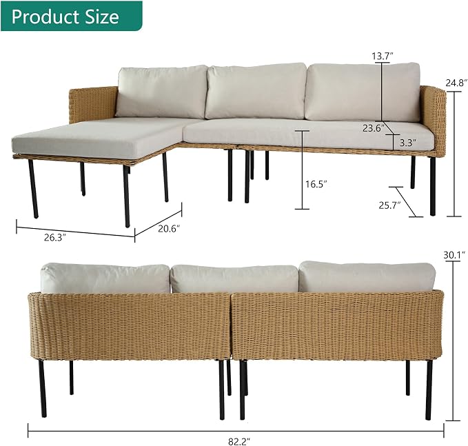 DECMICO 3-Piece Patio Furniture Set, L-Shaped Outdoor Sectional Sofa with Thick Cushions, All-Weather Rattan Conversation Set, Boho Style Detachable 3-Seater Lounger (Beige)