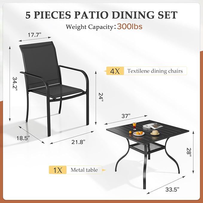 5-Piece Patio Dining Set,4 Person Outdoor Table and Chairs Set, 4 Metal Dining Chairs and Square Outdoor Table with 1.57" Umbrella Hole,Black