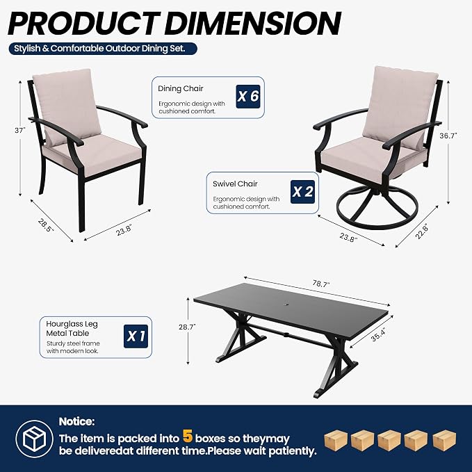 Kullavik 9 Pieces Outdoor Dining Set,Patio Dining Table and Chairs Set for 8,Fence Pattern Back Chairs with Thickened Cushions & X-Frame Metal Dining Table with Umbrella Hole for Patio,Sand
