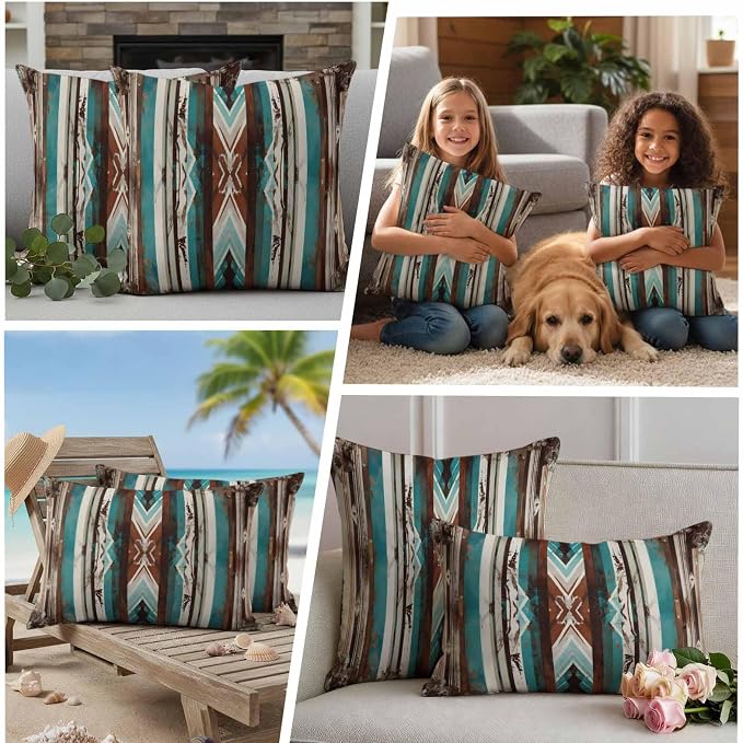 Ethnic Tribal Stripes Outdoor Pillow Covers 18"x18" Set of 2, Retro Vintage Geometric Teal Brown Stripes Waterproof Throw Pillow Covers for Patio Furniture, Decorative Cushion Covers for Porch