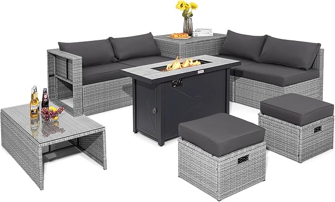 Tangkula 9 PCS Patio Furniture Set with 42” 60,000 BTU Fire Pit, Outdoor Space-Saving Sectional Sofa Set with Storage Box, Waterproof Covers Included (Gray)