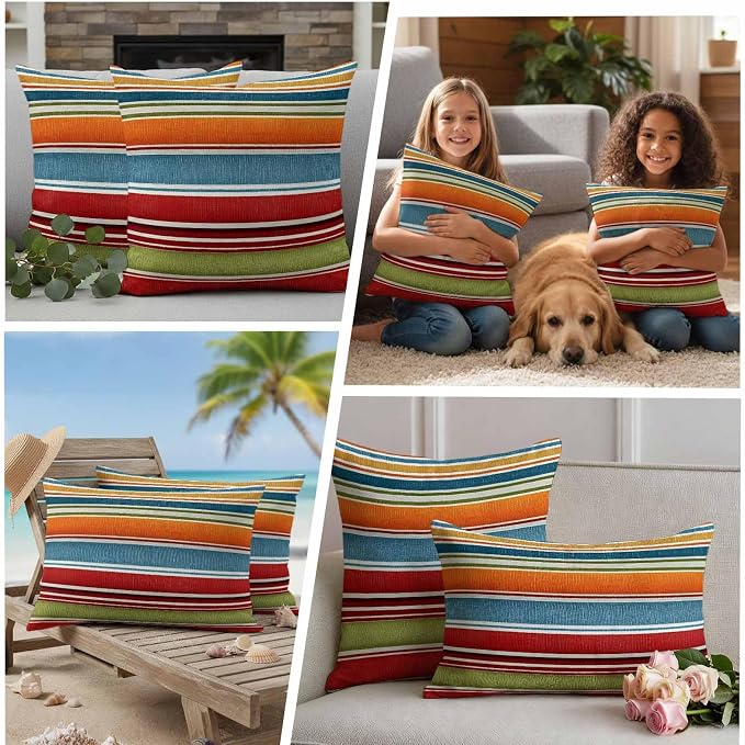 Outdoor Waterproof Pillow Covers for Patio Modern Red Orange Blue Stripes Decorative Throw Pillow Cover Abstract Fabric Stripes Pillowcases Set of 2 Cushion Case for Sofa Couch Chair 20x20 Inch