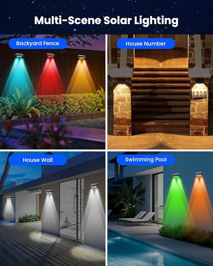 Solar Fence Lights Outdoor Waterproof 12 Pack 60 LM Brighter Dual LED Spot Lens 12 Modes & 9 Colors Deck Lights Solar Powered Wall Lighting Decor for Outside Yard Step Patio Porch Railing Pool