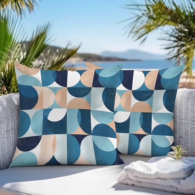 Vandarllin Outdoor Throw Pillows Covers 18x18 inch Set of 2 Waterproof Mid Century Geometric Decorative Zippered Cushion Covers for Patio Furniture, Abstract Modern Blue Lumbar Pillowcases