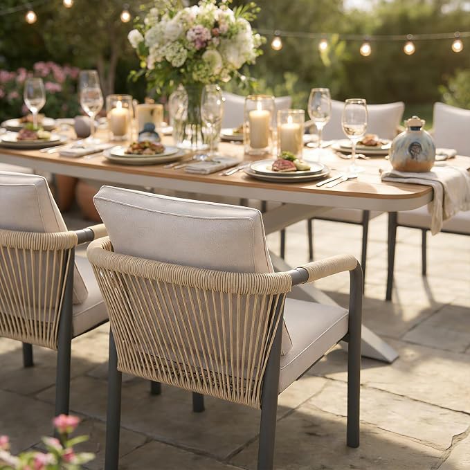 SUNSITT 9 Piece Outdoor Patio Dining Set, Patio Dining Furniture Set with 87” Aluminum Dining Table w/X Base Legs and 8 Woven Wicker Patio Chairs w/Curved Backrest for Garden, Flaxen