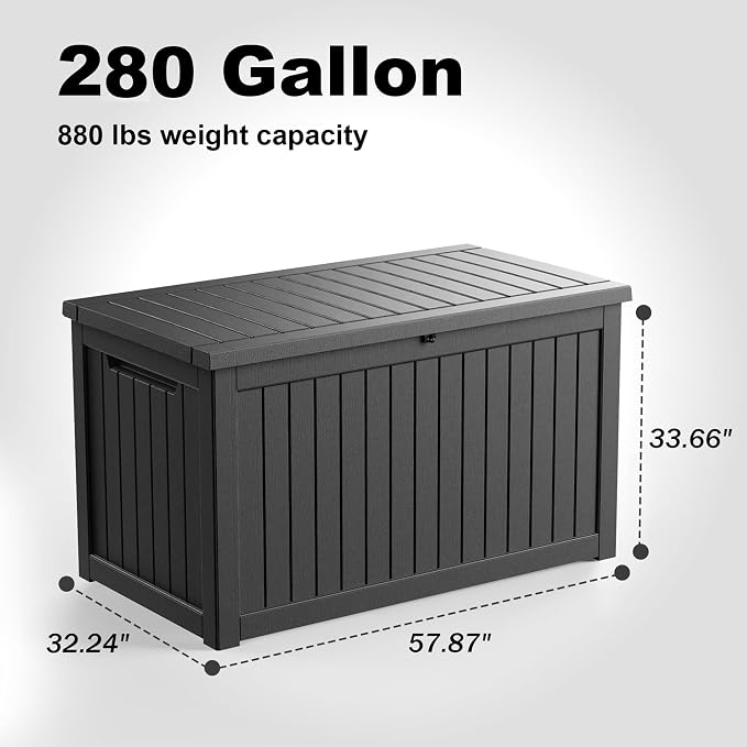 PatioZen 280 Gallon Deck Boxes Outdoor Waterproof, Weatherproof Outdoor Storage Boxes Lockable for Patio Furniture, Pool Supplies,Garden Tools(Black)