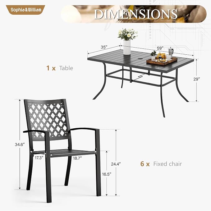 Sophia & William Patio Table and Chairs Set, Outdoor Dining Set for 6, 7 Piece Metal Patio Furniture, 60" Black Rectangular Table(Diamond)