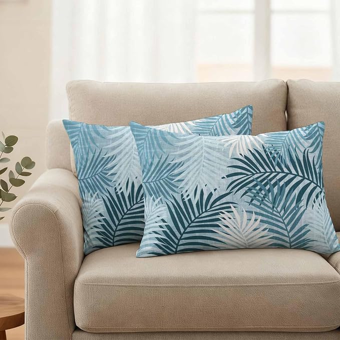 Teal Palm Leaves Waterproof Outdoor Pillow Covers Set of 2 Home Decor, Summer Tropical Leaf Plant Lumbar Pillowcase Patio Pillow Covers for Couch Bench Patio Furniture Garden 20x12in