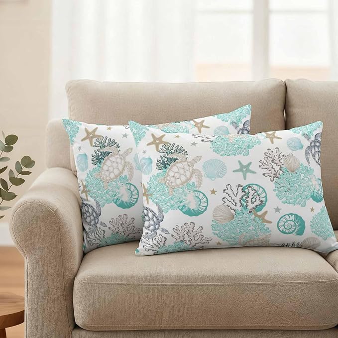 Summer Coastal Outdoor Throw Pillow Cover Ocean Sea Turtle Seaweed Waterproof Cushion Covers 2 Pack Teal Grey Abstract Art Pillow Cases Home Decoration for Patio Garden Couch Sofa 20x12In