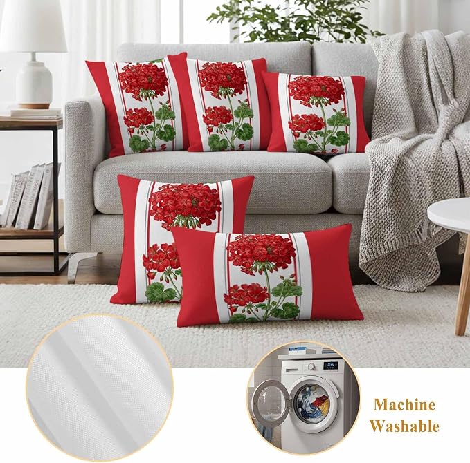 Flower Outdoor Waterproof Throw Pillow Covers 26"x26" Set of 2, Geranium Red Floral Summer Plant Spring Decorative Garden Pillowcase with Zipper Cushion Case for Patio Couch Tent