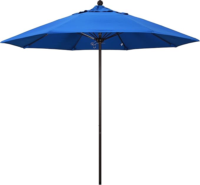 California Umbrella 9' Round Aluminum/Fiberglass Umbrella, Push Open, Bronze Pole, Olefin Royal Blue Fabric
