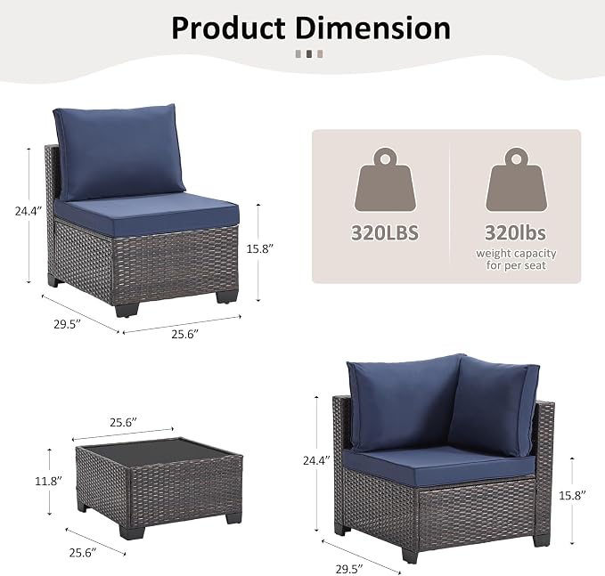 ANJ 3 Piece Outdoor Wicker Patio Furniture Set, Modular Loveseat Sofa with with Glass Top Coffee Table, All-Weather Rattan Conversation Couch Set for Balcony, Backyard, Dark Brown Wicker-Blue