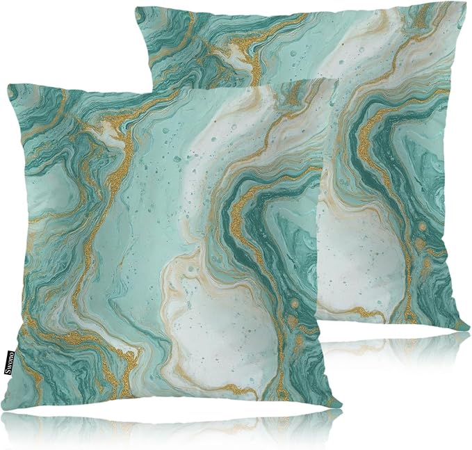 Swono Turquoise Marble Pillow Covers Cushion Covers, Abstract Ocean Marble Green Gold 18 X 18 Inch Set of 2 Throw Pillow Cover Pillowcases Home Decorative for Couch Sofa Car Bedroom, No Insert
