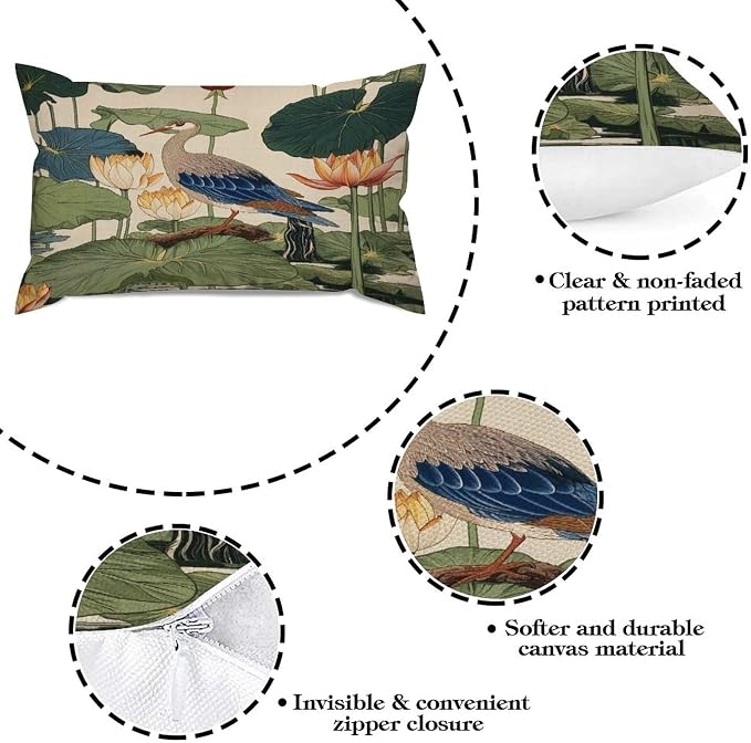 Set of 2 Chinese Pond Bird Decorative Throw Pillow Covers 12x20in Farmhouse Rectangle Accent Pillow Cases Cushion Cover Cases for Sofa Chair Bedroom Home Decor