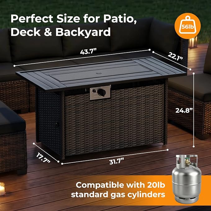 CHABATREE 8-Piece Wicker Patio Conversation Set with 44" Propane Fire Pit Table, Cozy Outdoor Sectional Sofa for Backyard Gatherings, Poolside Lounging & Garden Parties