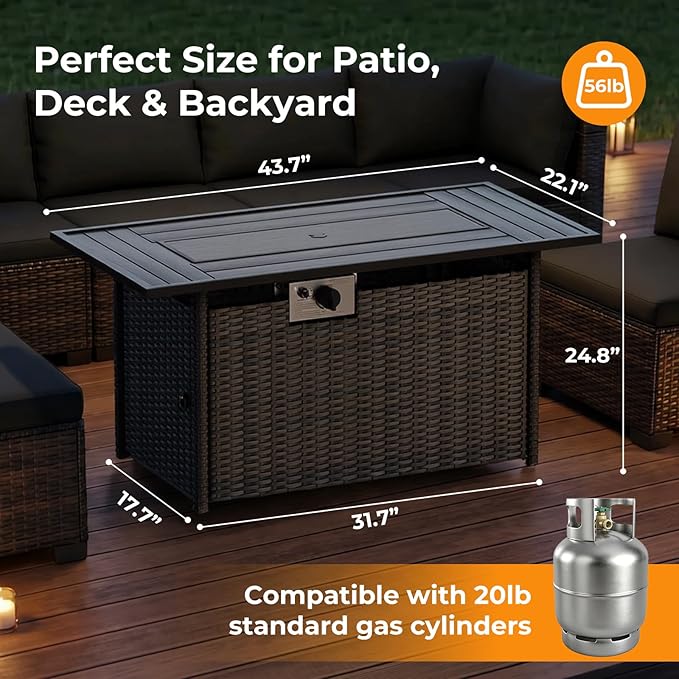 LAFWELL 8-Piece Wicker Patio Conversation Set with 44" Propane Fire Pit Table, Cozy Outdoor Sectional Sofa for Backyard Gatherings, Poolside Lounging & Garden Parties