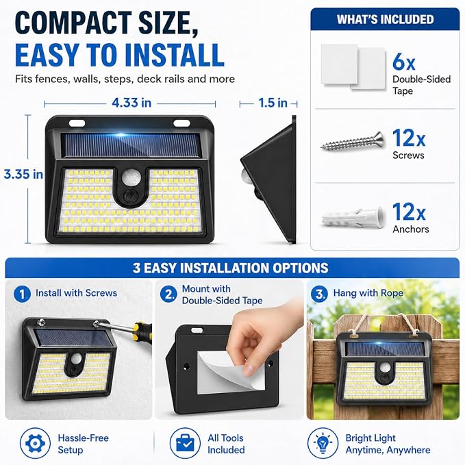 [6 Packs] Solar Motion Sensor Outdoor Lights, Super Bright Solar Lights Outdoor Waterproof, 3 Lighting Modes Security Wall Light for Outside Walking Dog Fence Backyard Deck Garden Door Step Garage