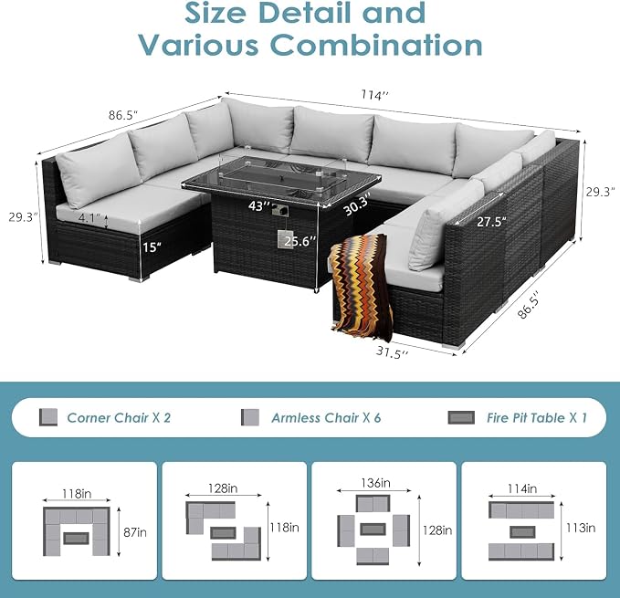 RADIATA 9 Piece Wicker Patio Furniture Set with Fire Pit, All-Weather Outdoor Sectional Couch High Back Large Size, Modular Backyard Seating Sofa Set with Propane/Natural Gas Firepit Table, Light Grey