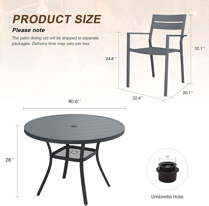 VICLLAX Patio 5 Pieces Outdoor Dining Set, Wrought Iron Metal Outdoor Table and Chairs Set, 40.6" Round Table with Umbrella Hole and 4 Stackable Chairs for Lawn, Garden, Porch, Dark Grey/Grey