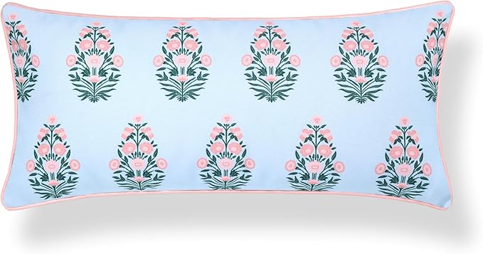 Hofdeco Premium Coastal Grandmillennial Patio Indoor Outdoor Lumbar Pillow Cover Only, 12"x26" Water Repellent for Backyard, Couch, Poolside, Baby Blue Pink Print Flower