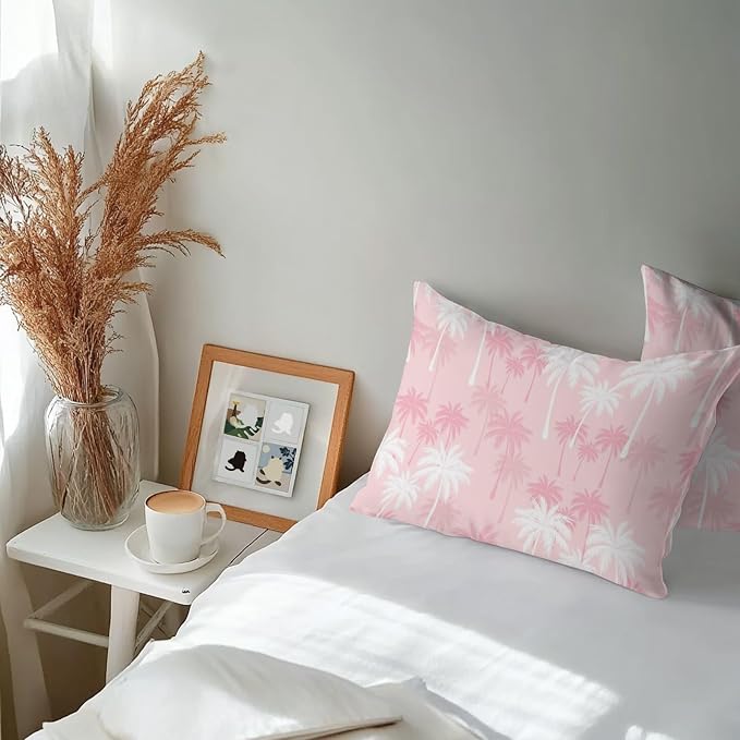 Lumbar Pillow Covers 20x12 Inch Set of 2, Tropical Palm Tree Waterproof Outdoor Pillow Covers, Pink White Plants Coastal Leaf Beach Decorative Cushion Pillowcases for Couch, Sofa, Bed, Garden, Patio