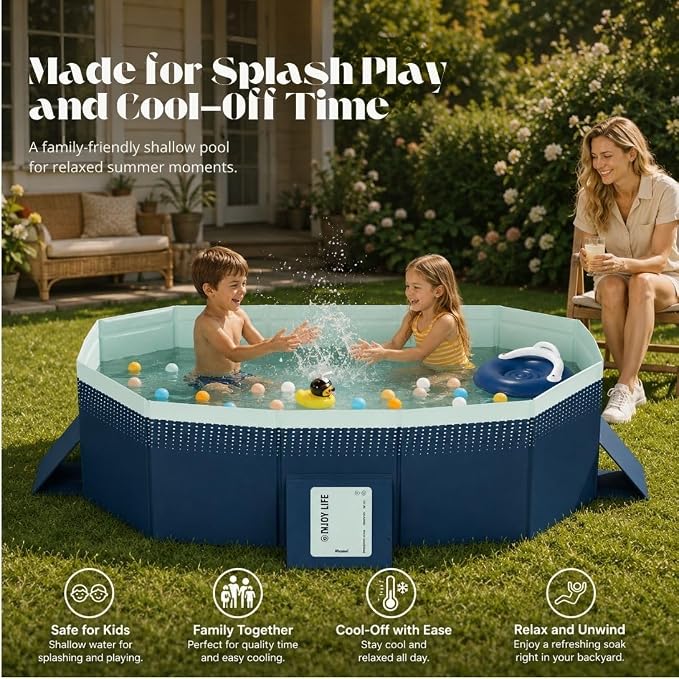 Large Foldable Pool, Non Inflatable Pool with 4-Layer Composite PVC, Sturdy Triangular Support Boards, Double Drains, Foldable Outdoor Pool for Backyard Kids & Adults, 5 Sizes