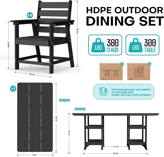 7-Piece Dining Set, HDPE Table & 6 Chairs, Black | HDPE Dining Set,67" Table+6 Chairs, 380 lbs, 304 Stainless, All-Weather,No Rust No Crack,Outdoor Patio Garden