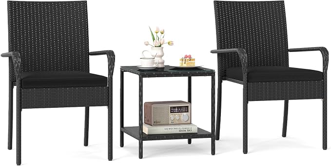 Tangkula 3 Pieces Patio Furniture Set, PE Rattan Outdoor Cushioned Conversation Chairs with 2-Tier Tempered Glass Tabletop Table, for Balcony, Garden and Poolside (Black)