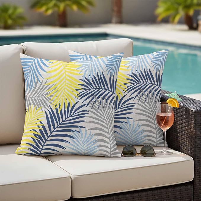 Yellow Blue Palm Leaves Outdoor Pillow Covers 20"x20" Set of 2, Summer Botanical Vintage Tropical Leaf Rustic Waterproof Throw Pillow Covers for Patio Furniture, Decorative Cushion Covers for Porch