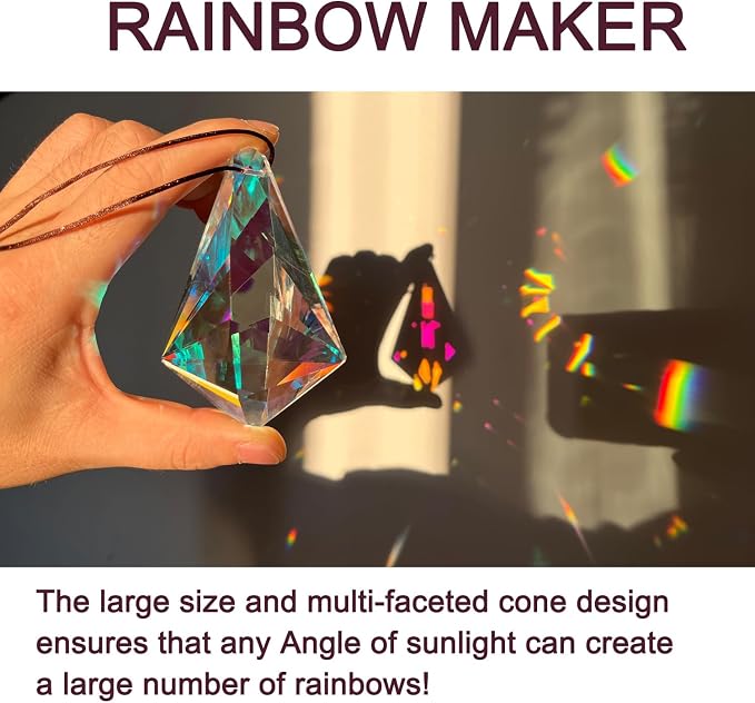 2PCS Cone Crystal Suncatcher Prisms for Windows (Chunky Cone) | AB Color, Transparent, K9 Glass, Rainbow Maker, with Hooks & Cord