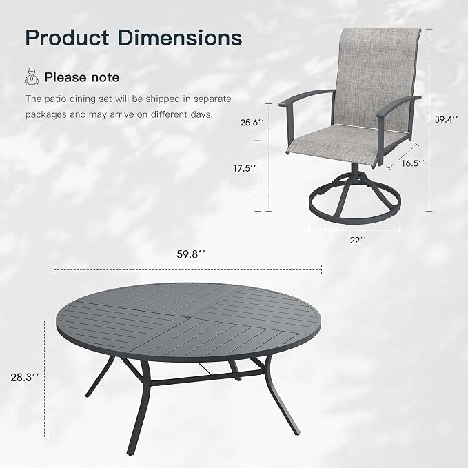 VICLLAX 9 Pieces Patio Outdoor Dining Set, 8 Swivel Textilene Chairs and 60" Round Metal Table with Umbrella Hole for Porch, Deck, Garden, Dark Gery/Grey