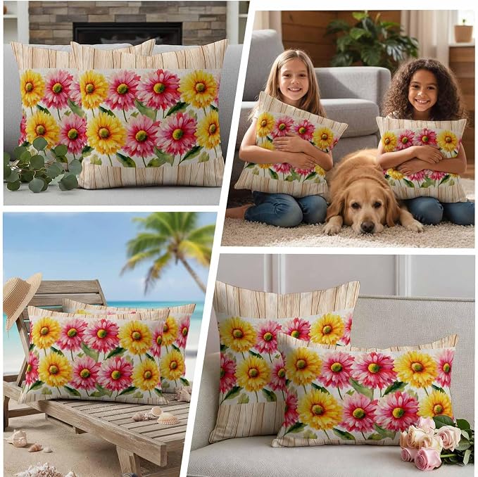 Yellow Pink Daisy Outdoor Pillow Covers 18"x18" Set of 2, Rustic Farmhouse Boho Brown Wood Grain Waterproof Throw Pillow Covers for Patio Furniture, Decorative Cushion Covers for Porch