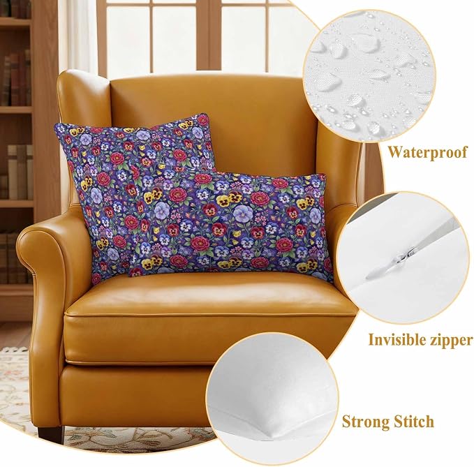Pansies Roses Outdoor Pillow Covers 16"x16" Set of 2, Garden Flowers Floral Botanical Purple Waterproof Throw Pillow Covers for Patio Furniture, Decorative Cushion Covers for Porch