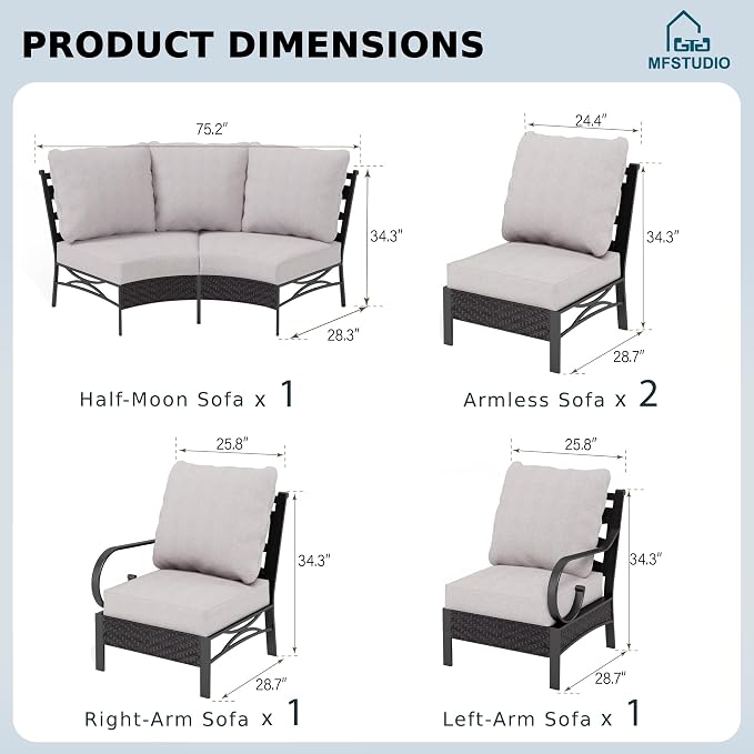 MFSTUDIO Patio Furniture Set, 6 Seats Half-Moon Curved Outdoor Sectional Sofa Conversation Set, Woven Rattan Patio Couch for Backyard, Garden, Deck