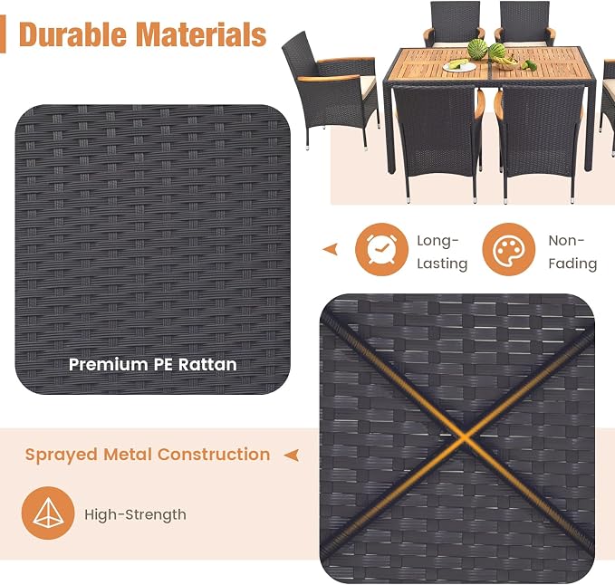 DORTALA Patio Dining Furniture Set for 6, 7 Piece PE Rattan & Acacia Wood Outdoor Table and Chairs with Umbrella Hole, Cushions for Backyard Poolside, 400 Lbs Capacity, Black