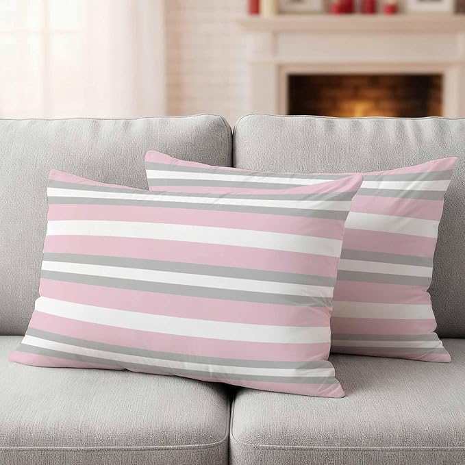 Lumbar Pillow Covers 20x12 Inch Set of 2, Pink Grey Stripe Waterproof Outdoor Pillow Covers, Minimalist Farmhouse Striped Decorative Cushion Pillowcases for Couch, Sofa, Bed, Garden, Patio